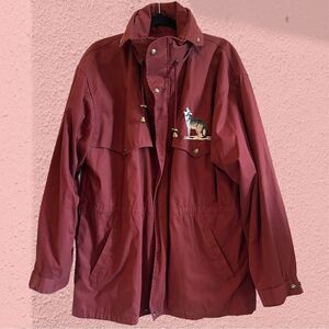 Vintage burgundy utility coat anorak embroidered wolves